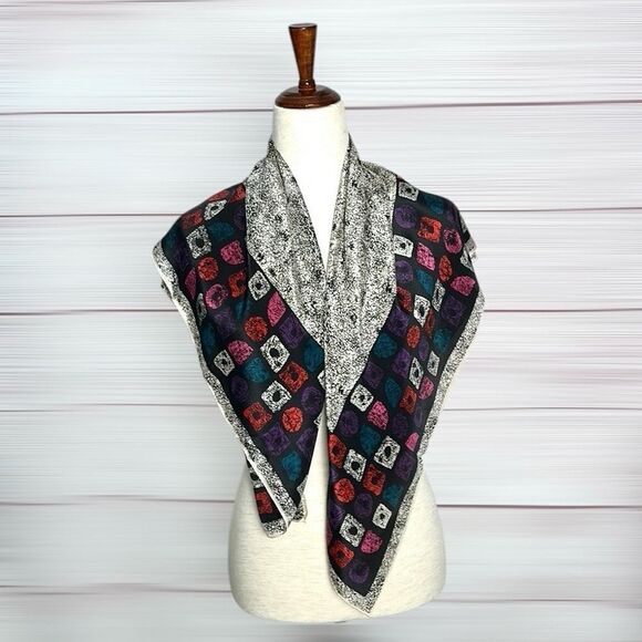 Albert Nipon Silk Square Scarf Abstract White Black Multicolor Geometric Trim - Picture 7 of 9